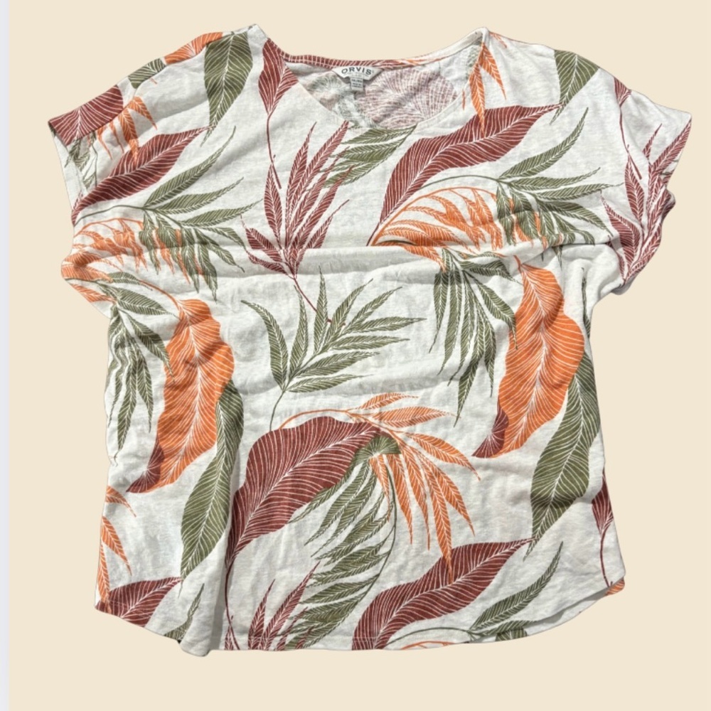 Orvis Classic Collection Tropical Leaf Print Top XXL Short Sleeve Linen‎ Blend